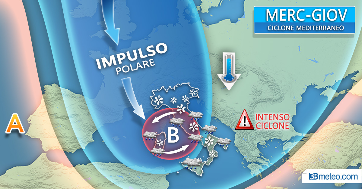 Irruzione polare punta l’Italia con un ciclone mediterraneo