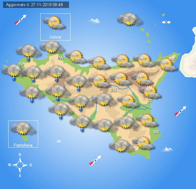 Meteo giovedì 28 novembre Sicilia, acquazzoni nel pomeriggio