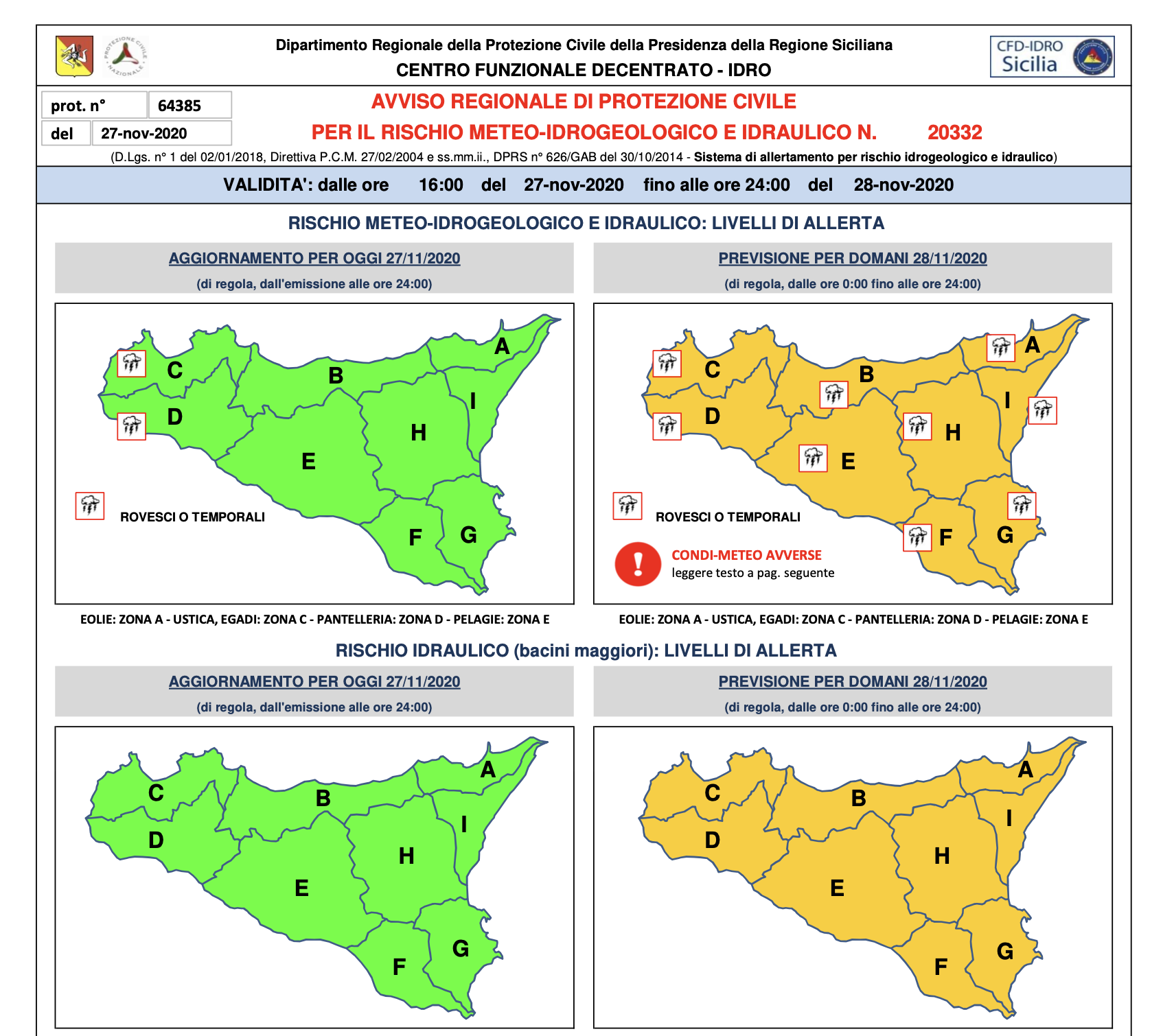 Domani allerta meteo arancione su tutta la Sicilia