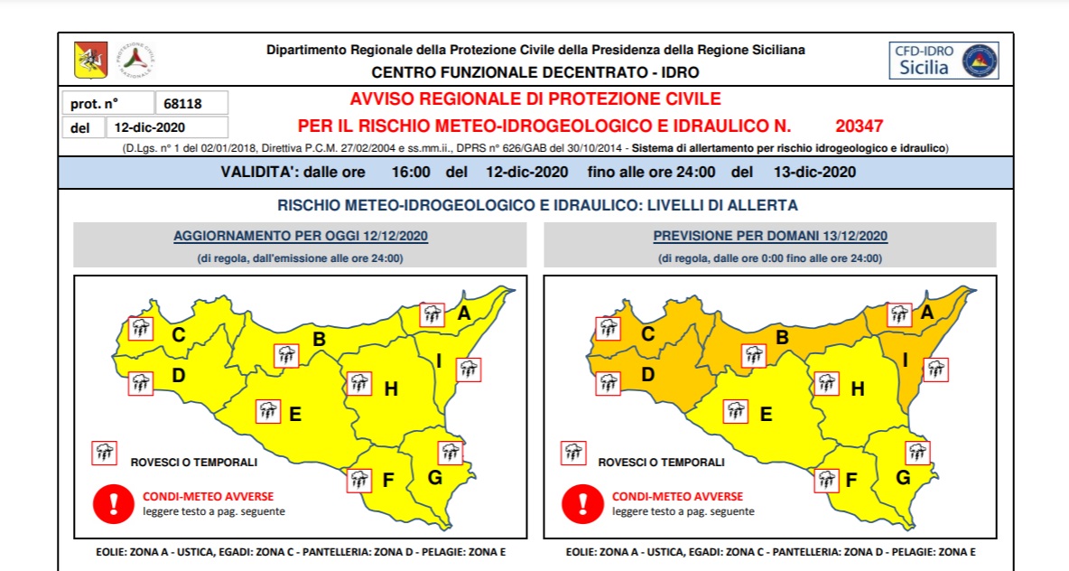 Domani allerta meteo arancione su tutta la Sicilia