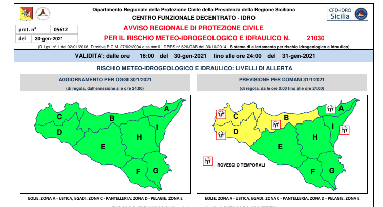 Allerta gialla domani in Sicilia, previsti temporali
