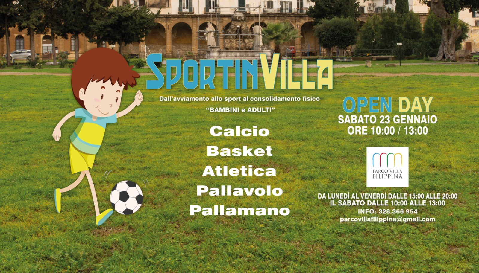 Palermo, “Sportinvilla”: al via il 23 gennaio a Villa Filippina