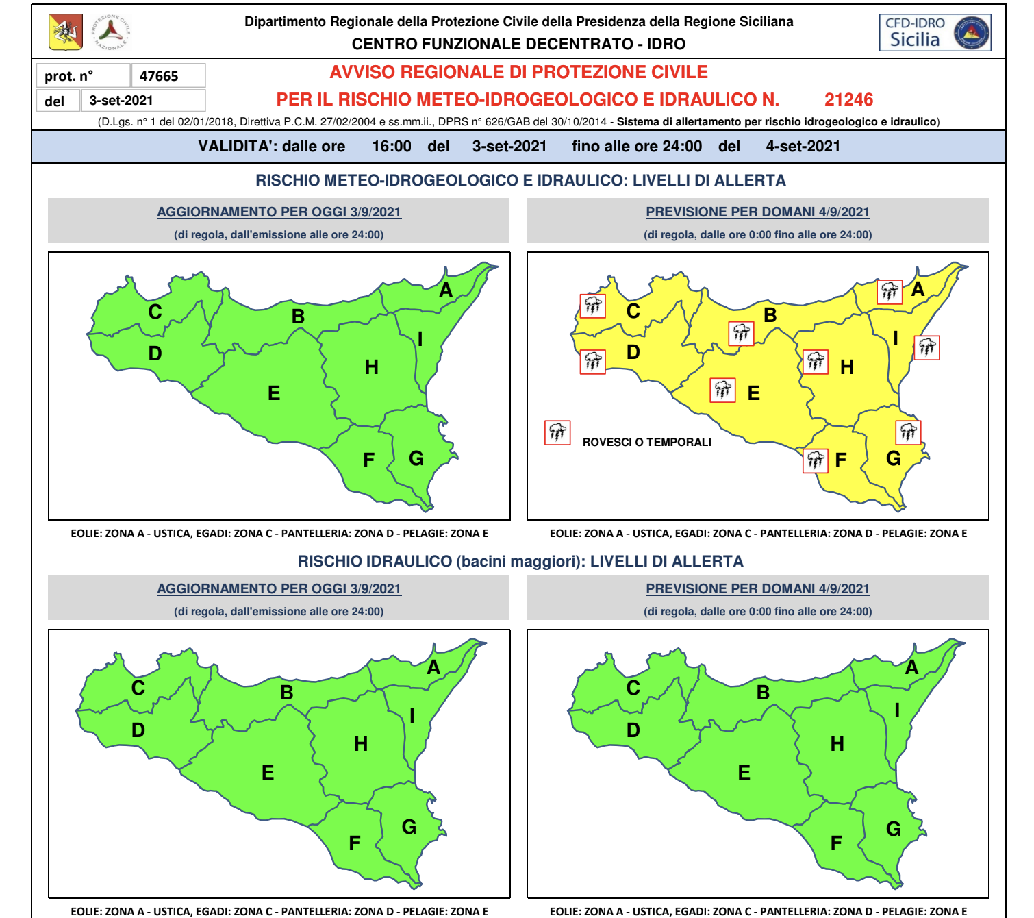Allerta gialla domani in Sicilia per rischio di rovesci e temporali