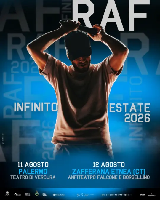 Raf annuncia Infinito Estate 2026: a Palermo il 11/08 e Zafferana Etnea (CT) il 12/08