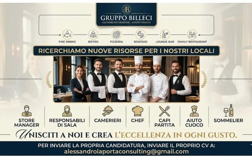 Gruppo Billeci assume a Palermo: posizioni aperte per ristorazione e gestione sala