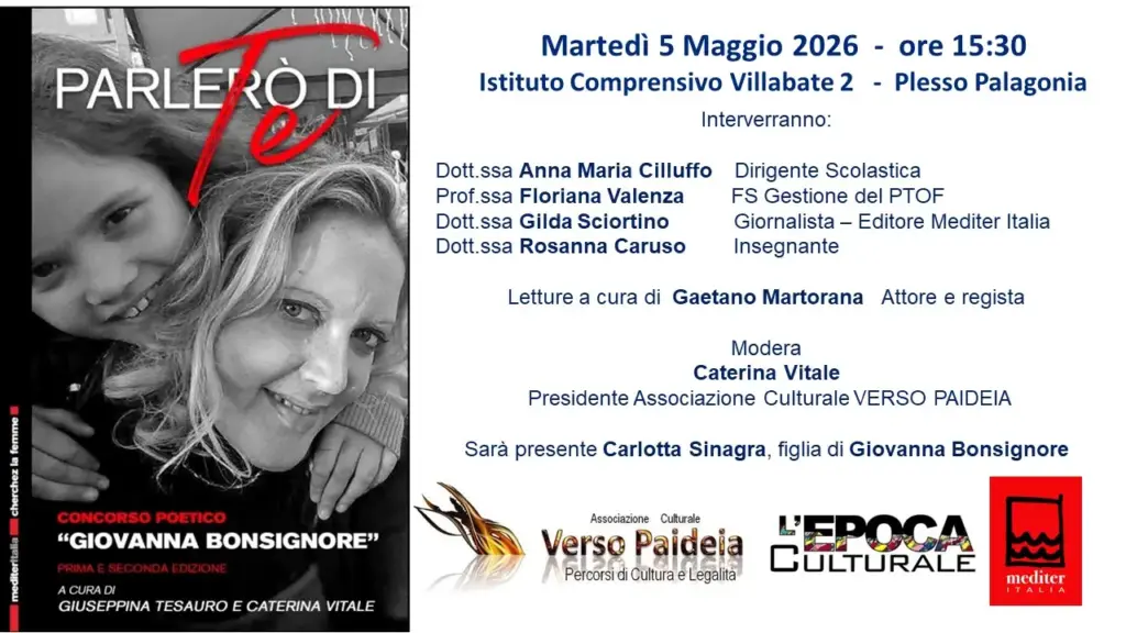 Si presenta martedì 5 maggio all’Istituto Comprensivo Villabate 2, il libro “Parlerò di te”