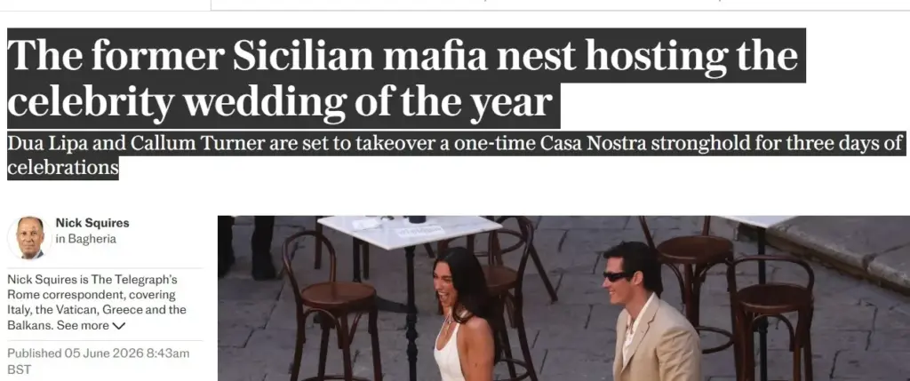 Polemiche in Sicilia dopo le nozze di Dua Lipa: i media britannici accostano l’isola alla mafia